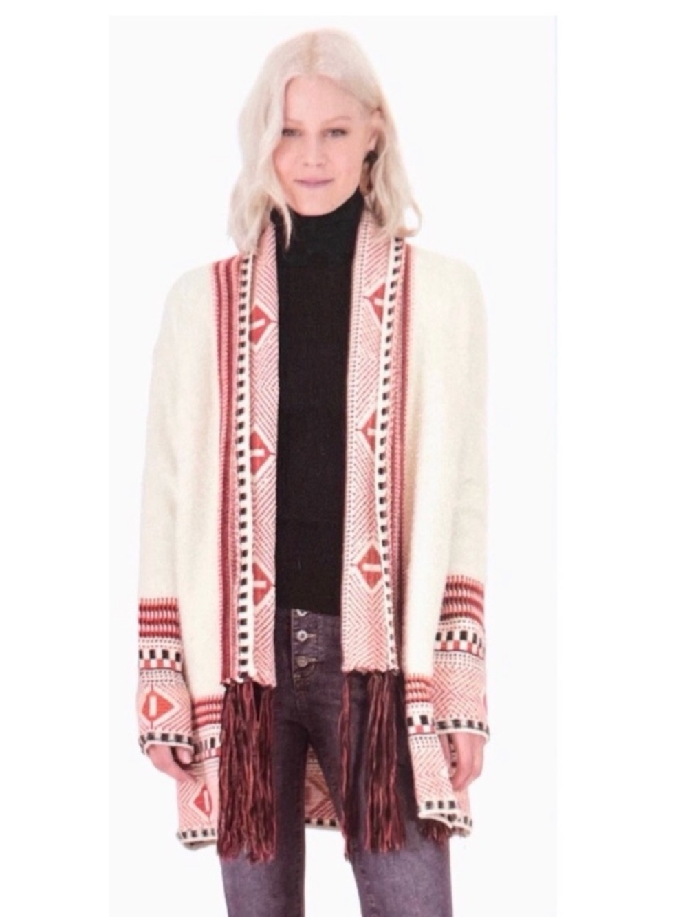 MaxSport NWT Ivory and Rust Open-Front Fringe Cardigan Sweater Sz S